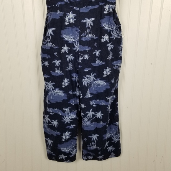 Romper Linen Smocked Wide Leg Cropped Pockets Blue Jumpsuit Scenic Print - Picture 11 of 13
